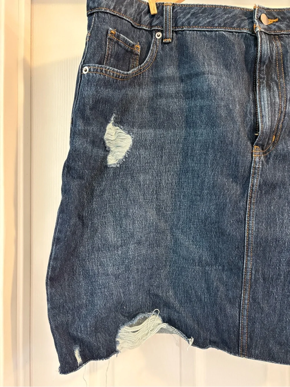 Time and Tru Distressed Dark Blue Denim Mini Skirt